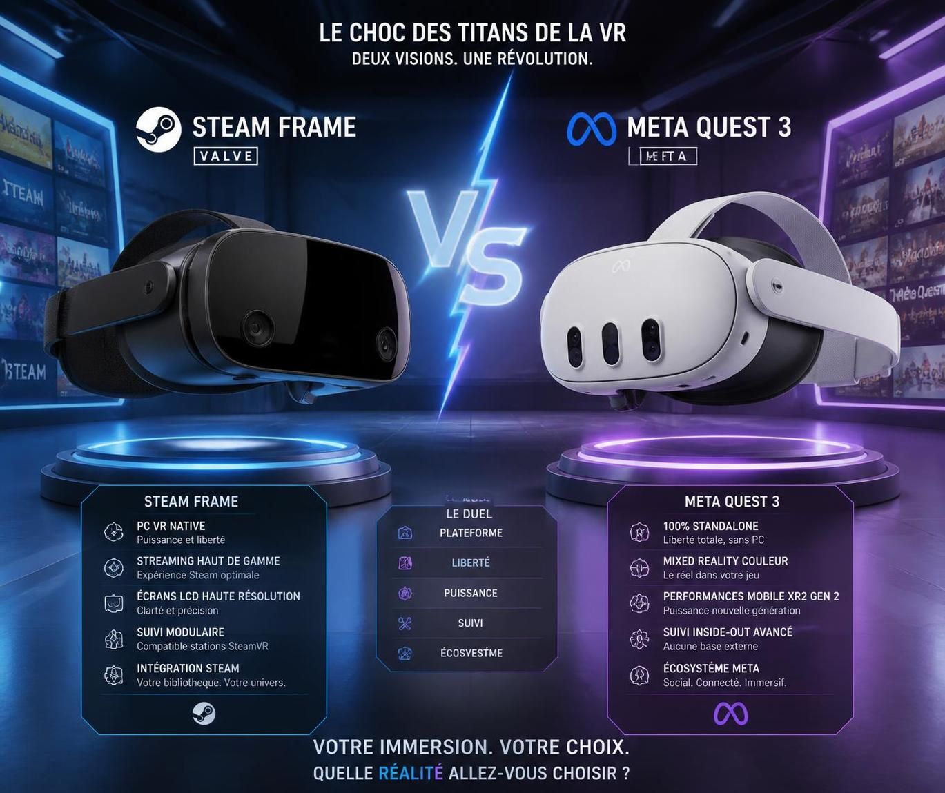 découvrez la comparaison détaillée entre steam frame et quest 3, analysant leurs performances pc, leur puissance et leurs options de personnalisation pour choisir le casque vr qui vous convient.
