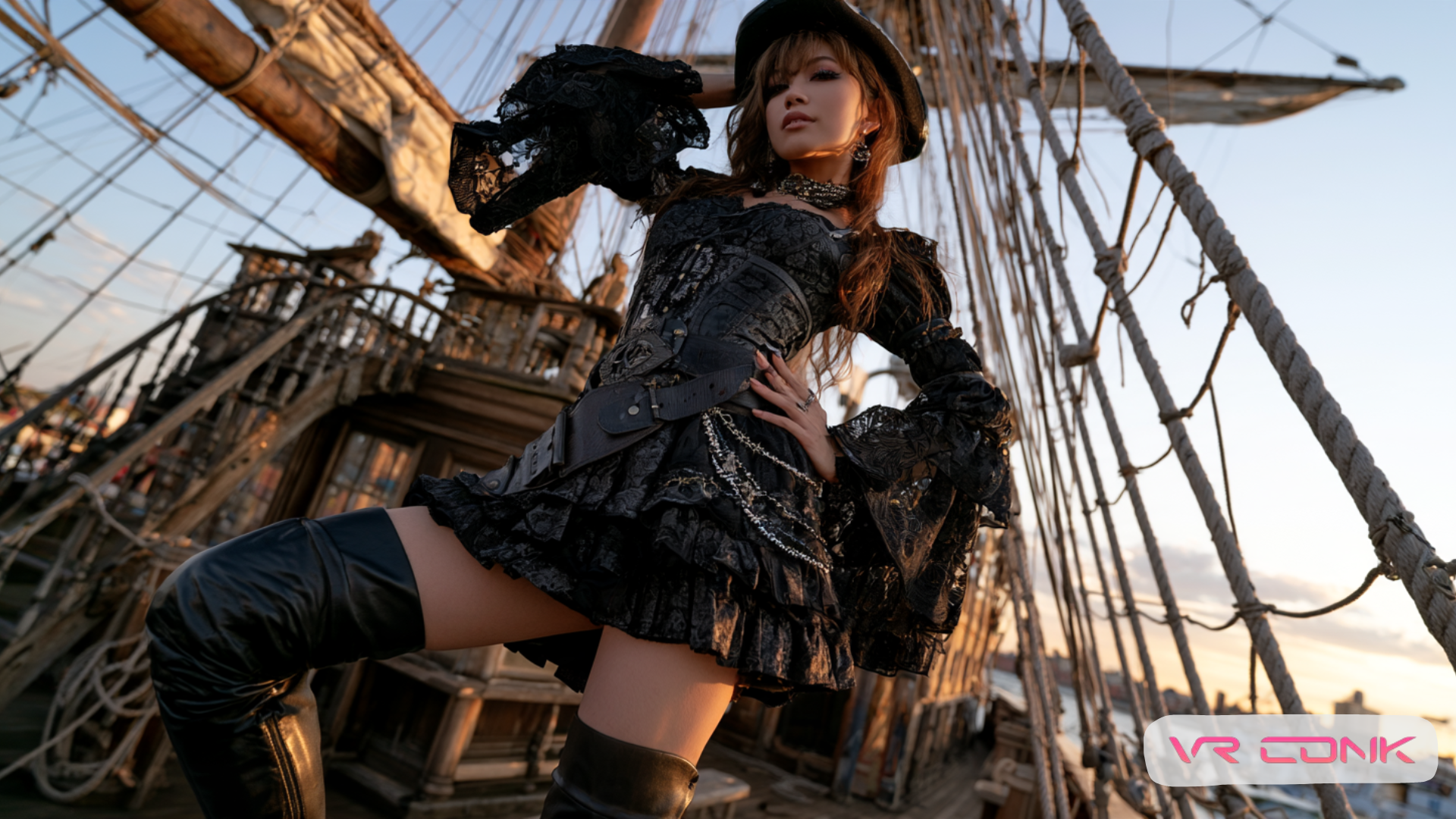 Femme adulte aux longs cheveux bruns, vêtue d’un costume de pirate noir inspiré du cosplay fantasy, avec un corset, une jupe courte à volants, des bottes hautes et un chapeau, posant sur le pont d’un voilier